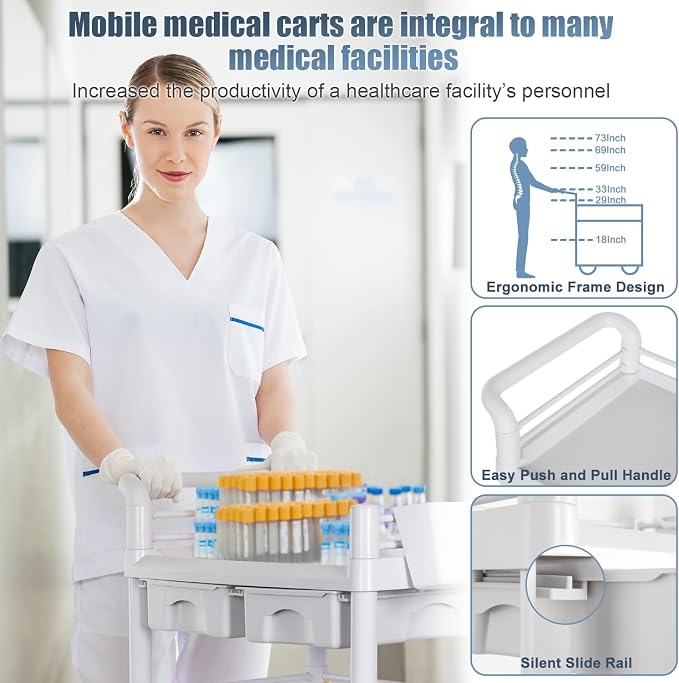 Mobile Medical Carts 3 Tier Professional Utility Cart 330 LBS Max Load Rolling - Image 5