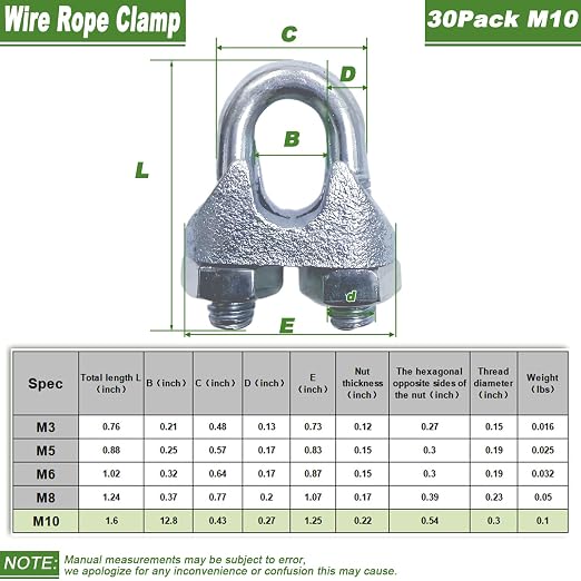 30PCS 3/8" M10 Zinc-Plated Wire Rope Clamps – Heavy Duty U-Bolt Cable Clips - Image 2