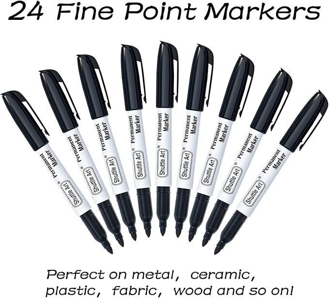 Shuttle Art 24 Black Permanent Markers Fine Tip Markers, Perfect on Plastic - Image 2