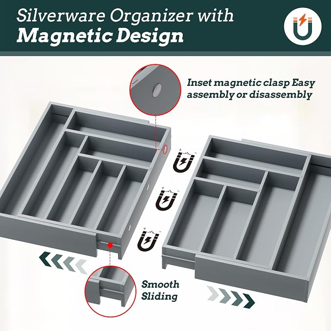 Silverware Organizer Large, Magnetic Connected Expandable 13 Slots Silverware - Image 3
