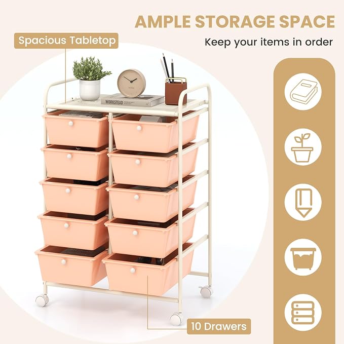 LDAILY 10 Drawer Rolling Cart, Storage Cart Organizer on Wheels, Drawer Cart - Image 4