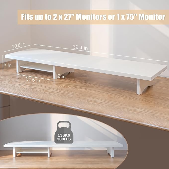 ROCDEER Bamboo Dual Monitor Stand Riser White, 2-Tier Desk Monitor Riser - Image 8