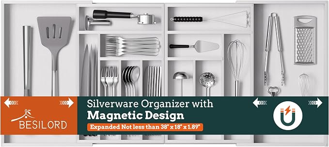 Silverware Organizer Large, Magnetic Connected Expandable 13 Slots Silverware by Besilord