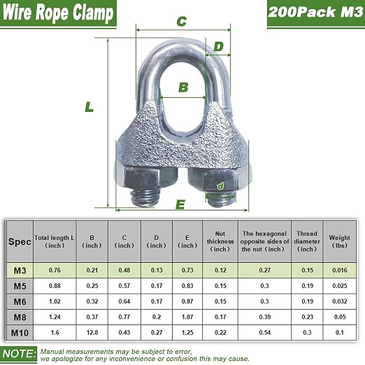 200 PCS 1/8 Inch Wire Rope Clamps, M3 Heavy Duty Galvanized Wire Cable Clamps - Image 2