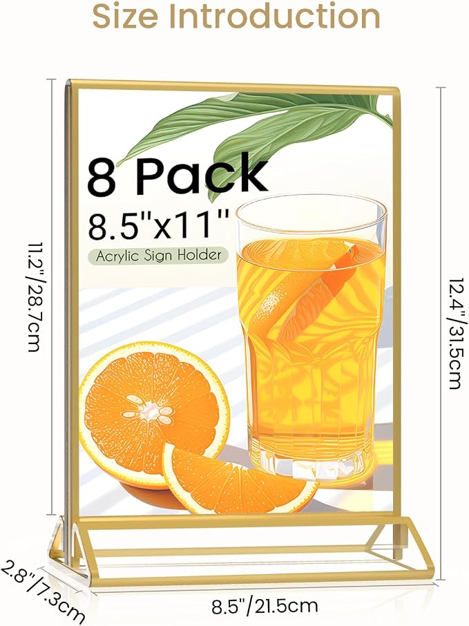 Smarpau 8 Pack Acrylic Sign Holder 8.5x11 Gold Acrylic Frame Clear Table Number - Image 3