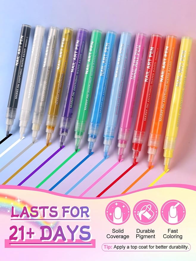 EBANKU Nail Art Pens Set, 12 Colors 3D Nail Polish Pens Acrylic Paint Pens Nail - Image 3