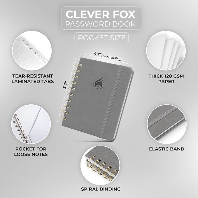Clever Fox Password Book Spiral – Mini Internet Address & Password Organizer - Image 2