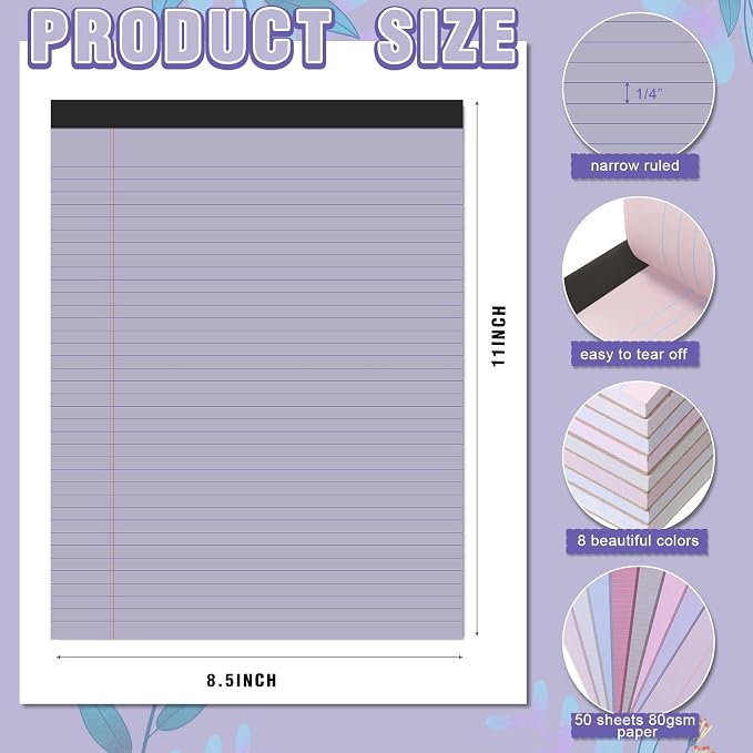 Fuutreo 8 Pcs 8.5'' x 11'' Colored Legal Pad Writing Pads Narrow Ruled 50 - Image 2
