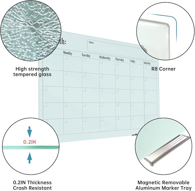 Magnetic Glass Monthly Calendar Whiteboard - Image 2