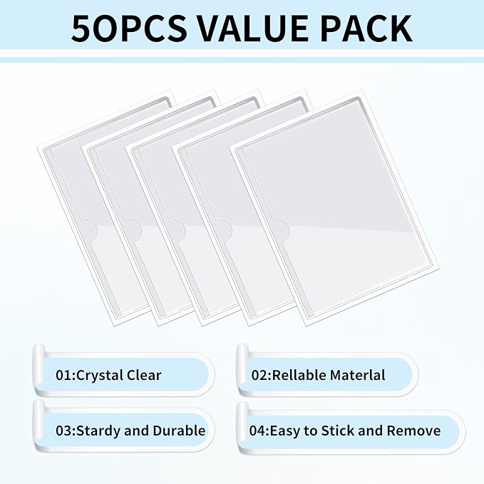 zandfelo 50 Pack 3'' x 5'' Clear Adhesive Index Card Pockets, PVC Labels Holders - Image 2