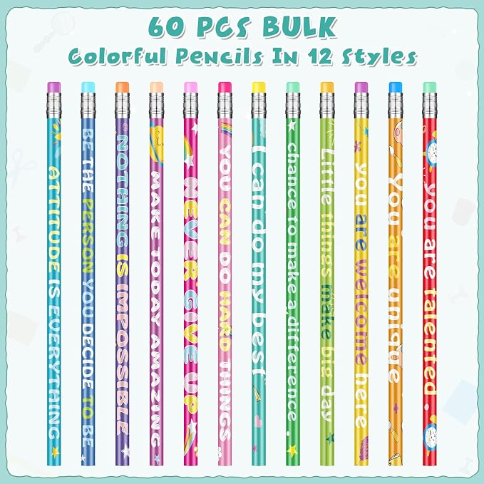 60 Pcs Motivational Pencils Bulk, Rainbow Inspirational School Pencils - Image 2