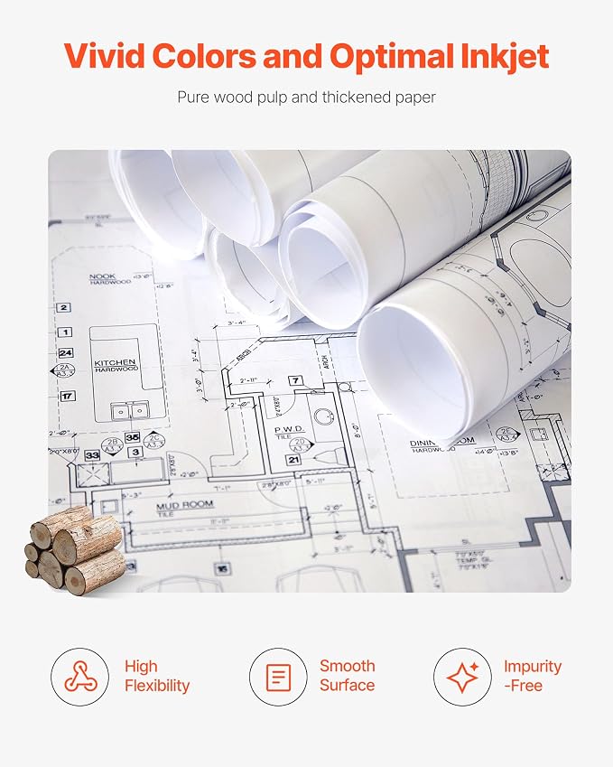 VEVOR Wide Format Paper, 30 in x 500 ft Plotter Roll, 2 Rolls CAD Bond Rolls - Image 5