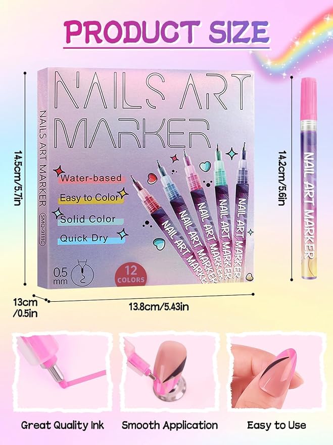 EBANKU 12 Colors Nail Art Pens Kit 0.5MM Ultra-Fine Tip 3D Nail Polish Pens - Image 7