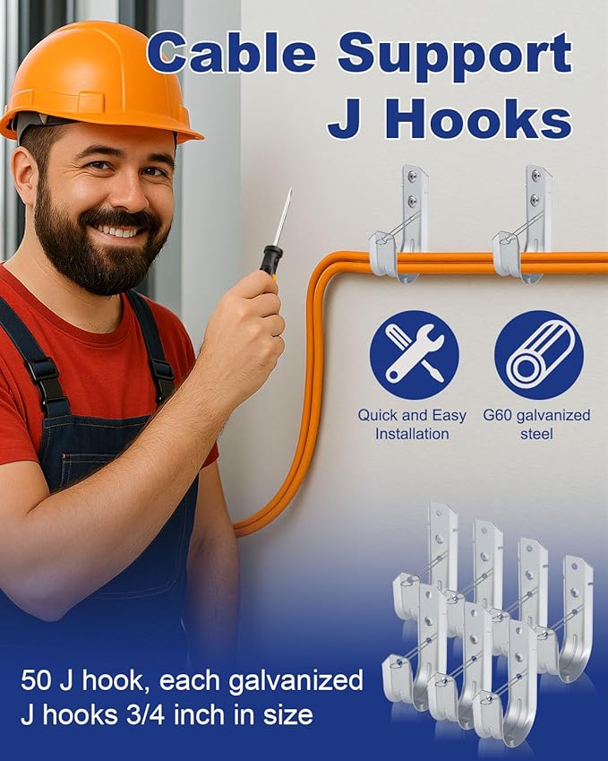 AOKLIT 2" Galvanized Steel J-Hooks, Heavy Duty Wall Mount Cable Support J Hook - Image 3