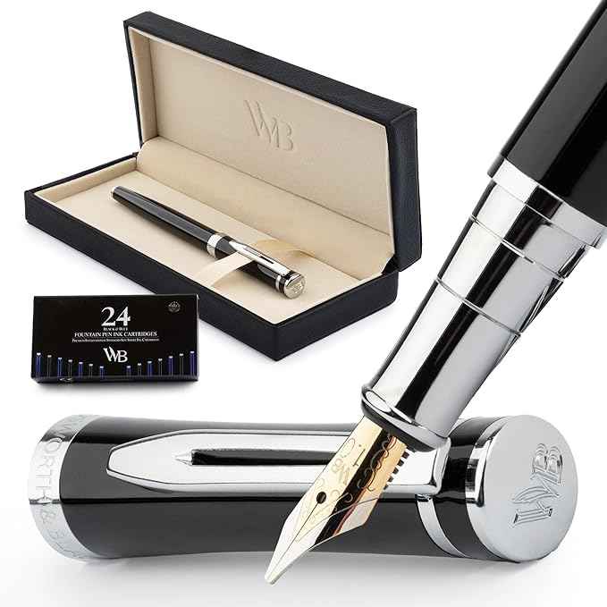 Wordsworth & Black Fountain Pen Set, Broad Nib, Includes 24 Pack Ink Cartridges