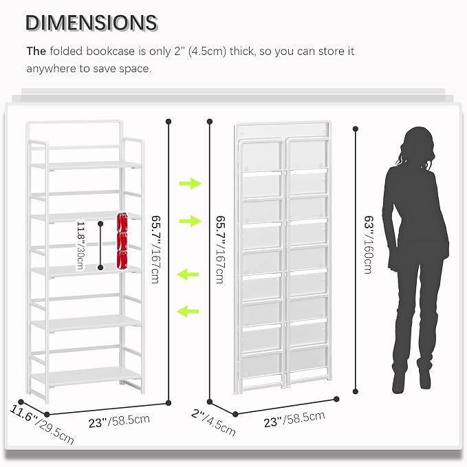 4NM No Assembly 5 Tiers Folding Bookshelf Storage Shelves Vintage Bookcase - Image 2