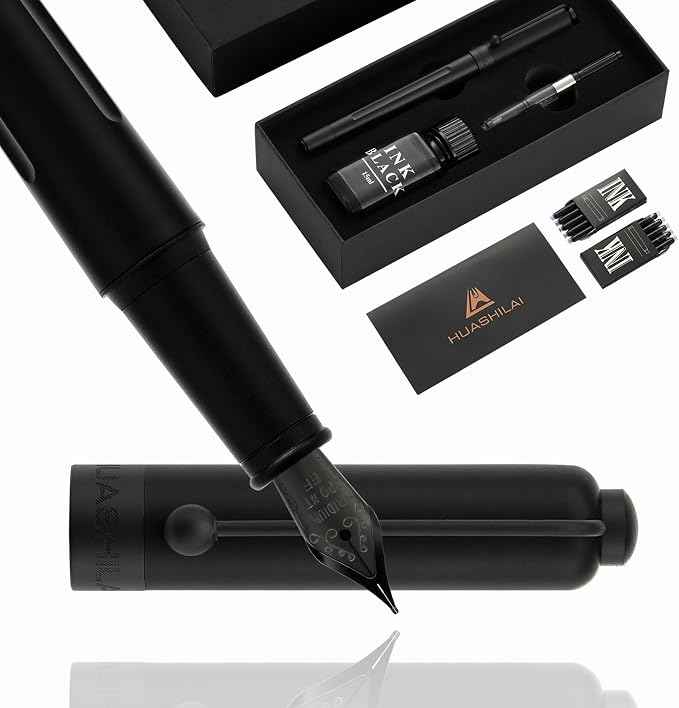 HUASHILAI Luxury Matte Black Forest Fountain Pen Set, Titanium Black Extra Fine