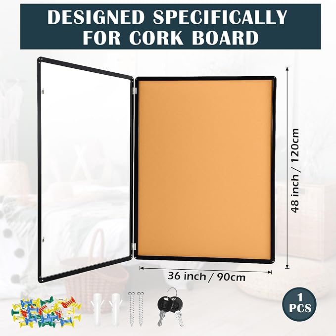 Cholemy Enclosed Bulletin Lockable Cork Case Notice Board 48 x 36 Inch - Image 2