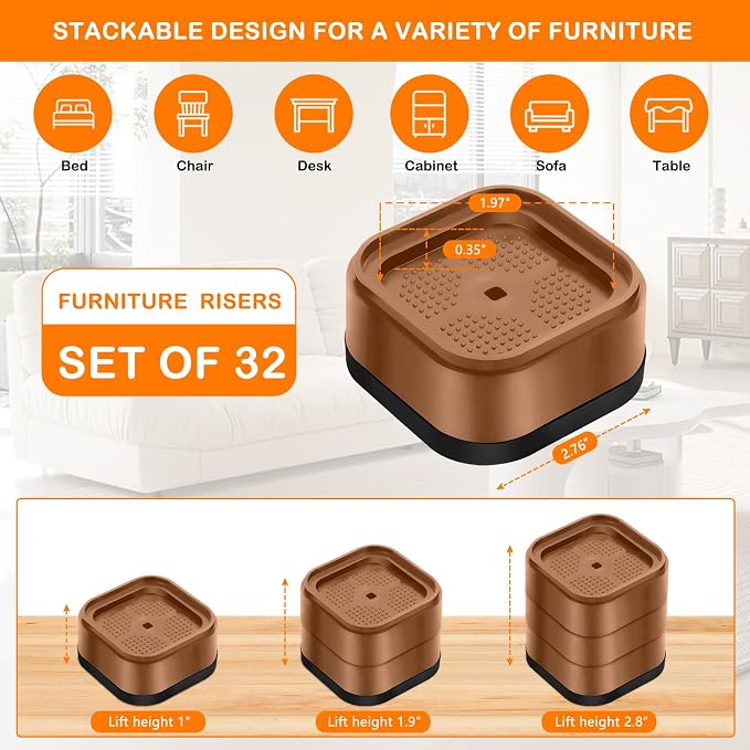 shouwuhho 32 Pack Furniture Risers Adjustable Bed Risers Heavy Duty Lifts - Image 2