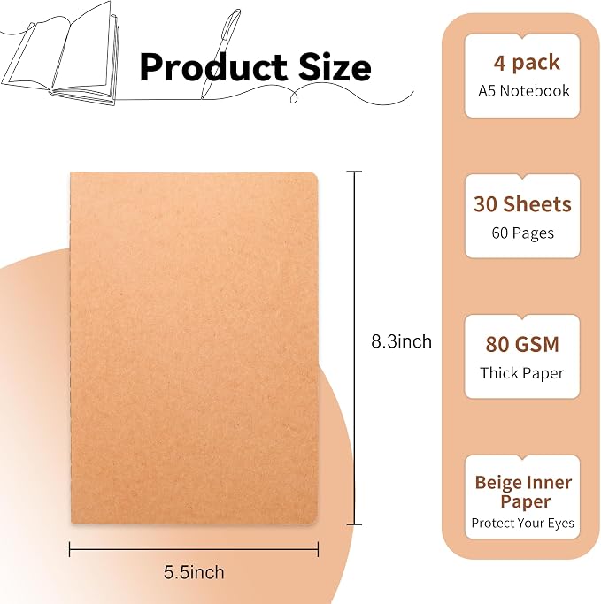 4 Pack Blank Kraft Notebooks, 8.3x5.5 Inches A5 Small Journals Bulk Blank - Image 2