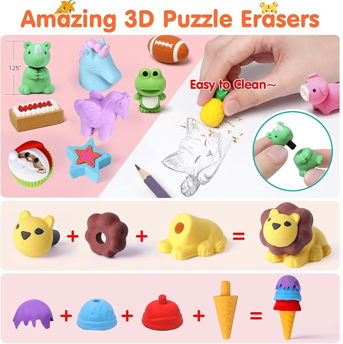 Moosia 120 Pack Animal Pencil Erasers - Image 5