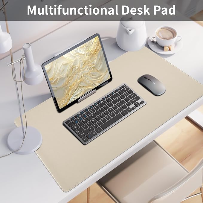 Beige Desk Mat with Stitched Edges, 31.5"×15.7" Keyboard Pad, Non-Slip Desk - Image 6