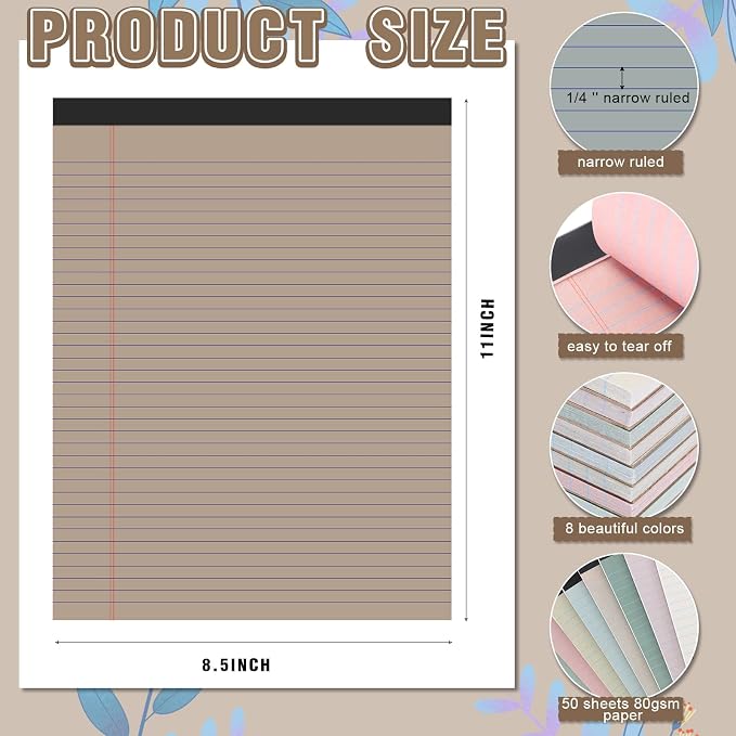 Fuutreo 8 Pcs 8.5'' x 11'' Colored Legal Pad Writing Pads Narrow Ruled 50 - Image 2