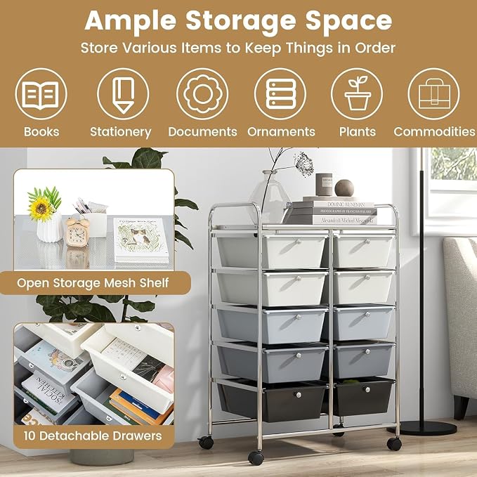 LDAILY 10 Drawer Rolling Cart, Storage Cart Organizer on Wheels, Drawer Cart - Image 5