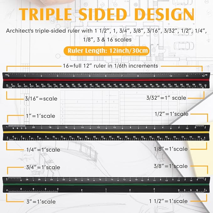 Macarrie 10 Pcs Architectural Scale Triangular Ruler 12" Architect Engineers - Image 3