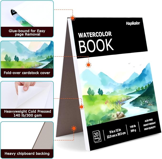 Watercolor Paper Pad, 140lb/300gsm Artist Painting Drawing Paper Book, Art - Image 2