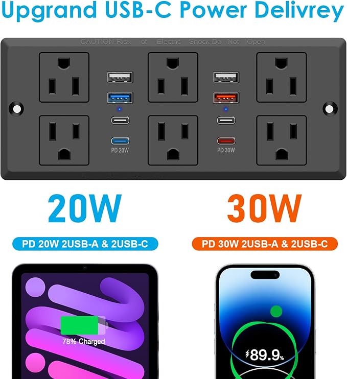 Recessed Power Strip, 30W PD USB-C & USB-A Fast Charging, Drawer Outlet Plug in - Image 9