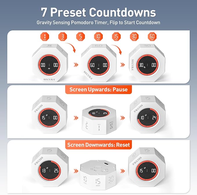 Secura Pomodoro Timer, Rotating Cube Time Tracker, Flip Gravity Sensor - Image 2