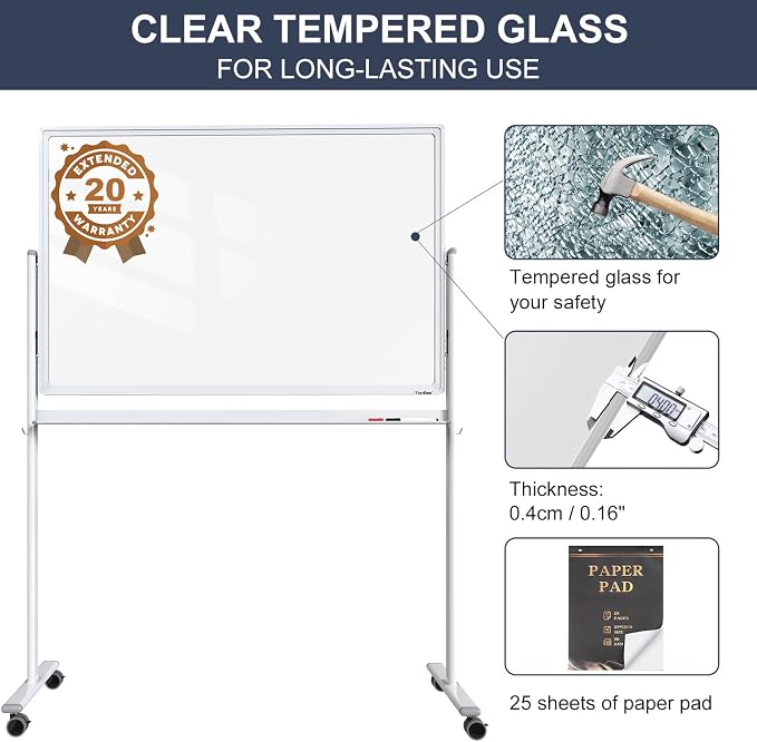 Mobile Clear Glass Whiteboard, 48 x 32 Inches Standing White Board on Wheels - Image 3
