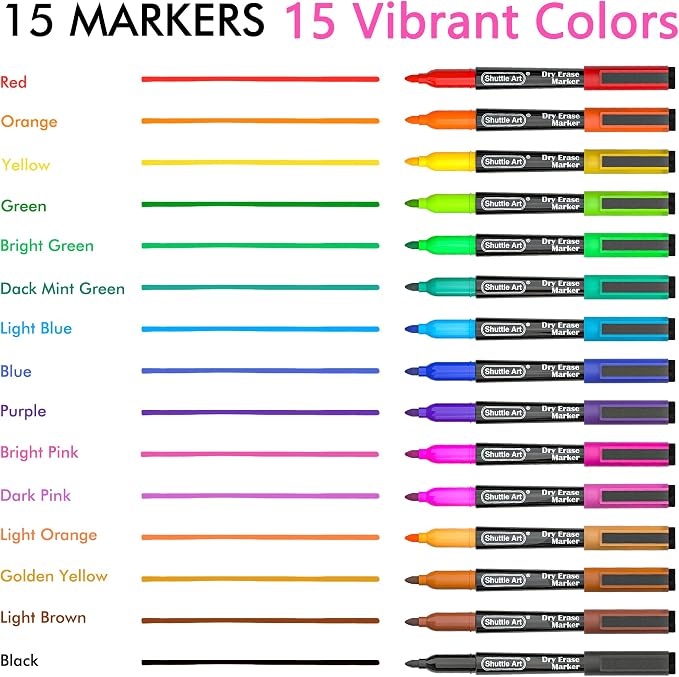 Shuttle Art Dry Erase Markers, 15 Colors Magnetic Whiteboard Markers, Fine Point - Image 2