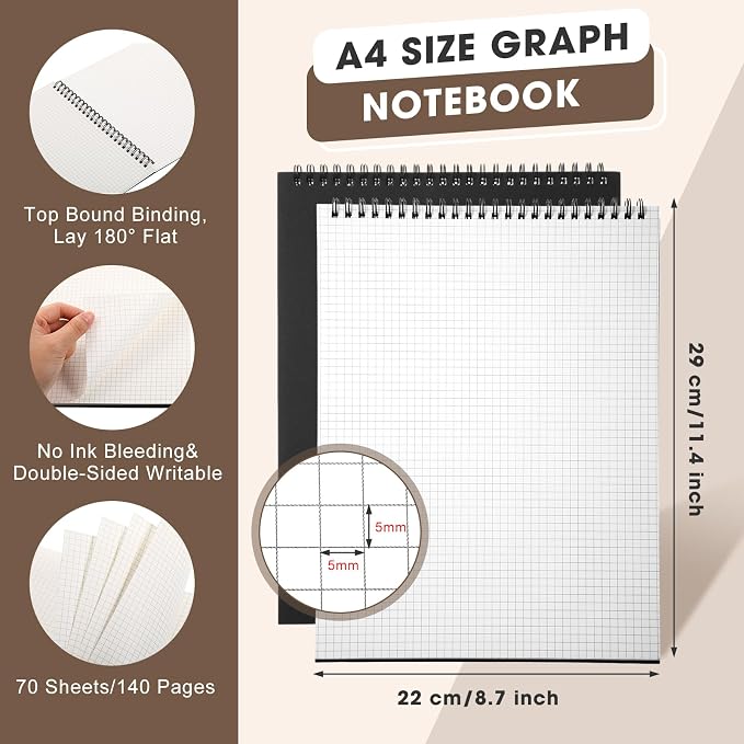 Engrowtic Top Spiral Graph Paper Notebooks 8.7 X11.4 Inch A4 Grid Paper Notepad - Image 2