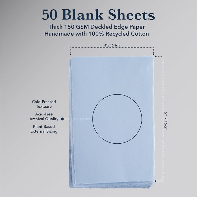 Wanderings 50 Pack Blue A6 Handmade Deckled Edge Cotton Paper - Image 4