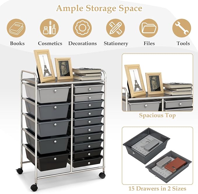 HAPPYGRILL 15-Drawer Rolling Cart, Storage Carts - Image 5