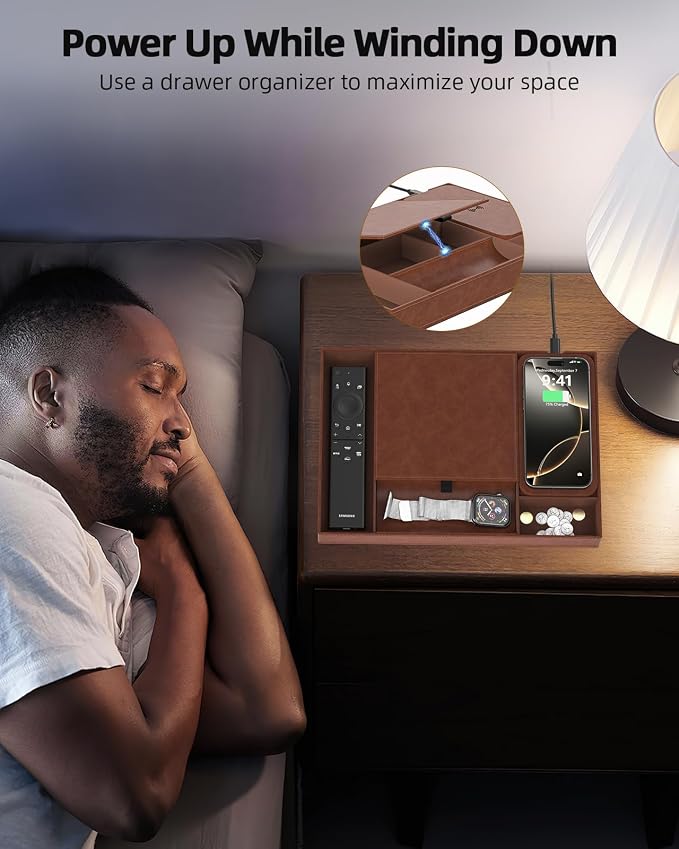 Valet Tray with Wireless Charger, Nightstand Organizer, Leather Desk Drawer - Image 4