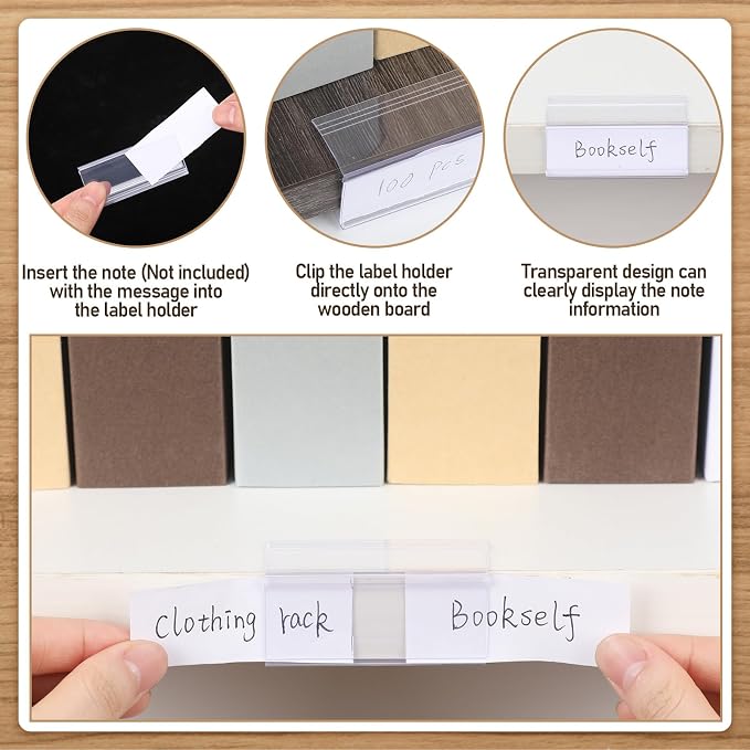 Weysat 100 Pcs Wood Shelf Label Holders Clear Plastic Price Tag 2.4 in L x 1 in - Image 3