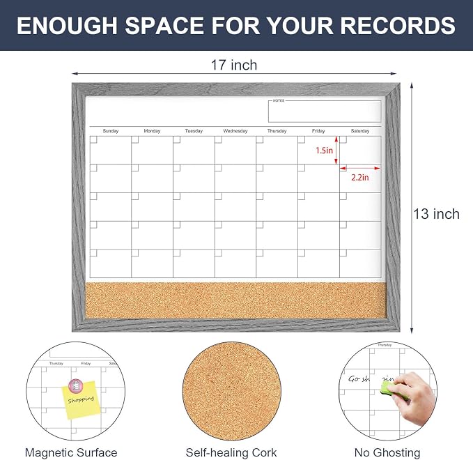 Calendar Whiteboard for Wall, 17x13 Inches Dry Erase Calendar Cork Board Combo - Image 4