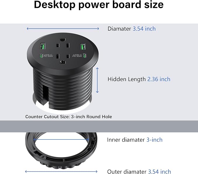 Desktop Power Grommet 3-inch Hole, 40W Total Fast Charging Station, 2 PD 20W - Image 4