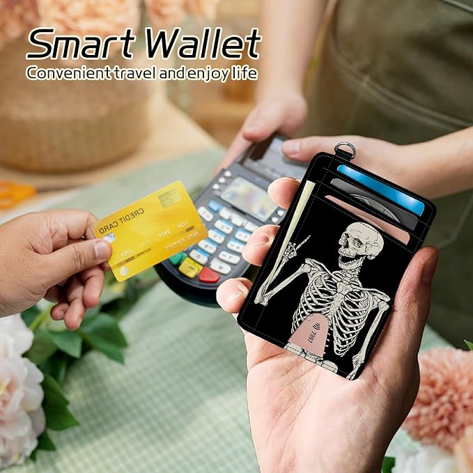 BWEGRHE Small Travel Wallets, Skull Skeleton Slim Minimalist Front Pocket Wallet - Image 4