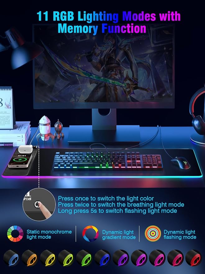 Miroddi RGB Mouse Pad with Wireless Charging Gaming Mousepad, 31.5"x15.75" - Image 4