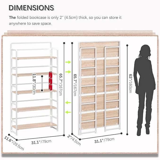 4NM No Assembly Extra Wide 5 Tiers Folding Bookshelf Storage Shelves Vintage - Image 2