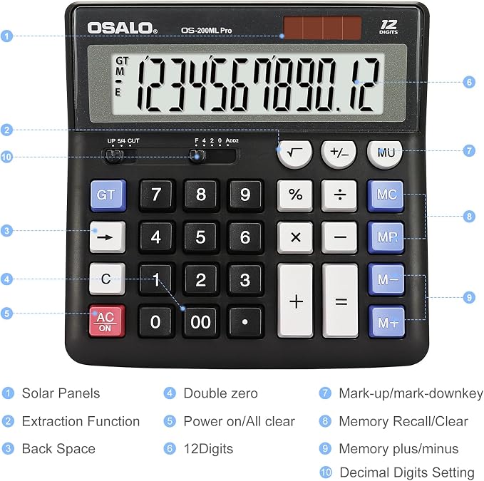 OSALO Desktop Calculator Extra Large Display 12 Digits Big Buttons Solar - Image 7