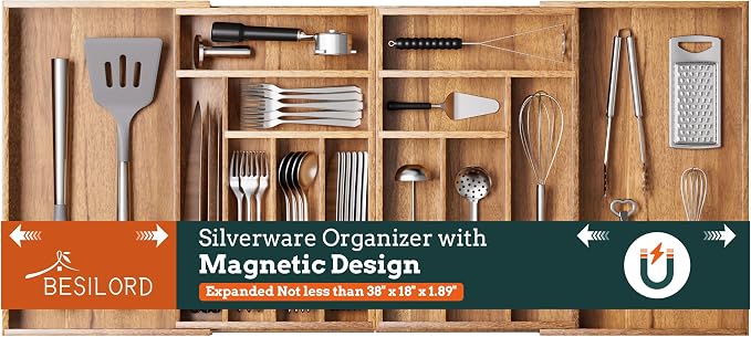 Silverware Organizer Large, Magnetic Connected Expandable 13 Slots Silverware by Besilord