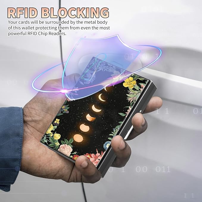 BWEGRHE Slim Credit Card Holder, Moon Flower RFID Blocking Metal Wallet - Image 3