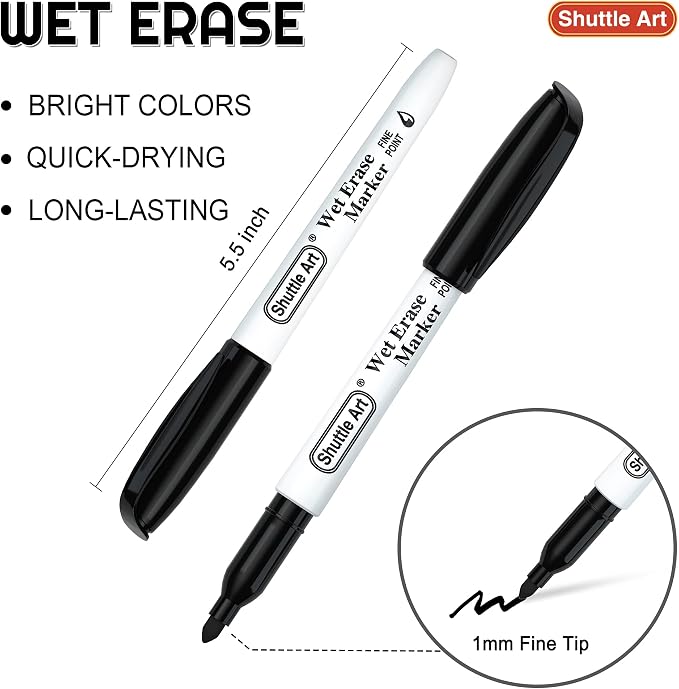 Shuttle Art Wet Erase Markers, 15 Pack Black 1mm Fine Tip Smudge-Free Markers - Image 2