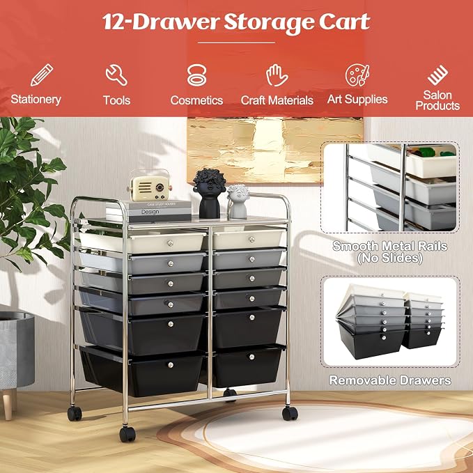 LDAILY 12 Drawer Rolling Storage Cart, Craft Cart Organizer on Wheels w/Metal - Image 5
