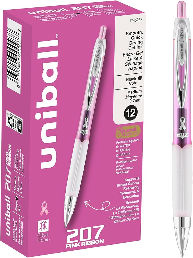 uniball 207 Pink Ribbon Retractable Gel Pens, Medium Point, 12 Pack by uni-ball